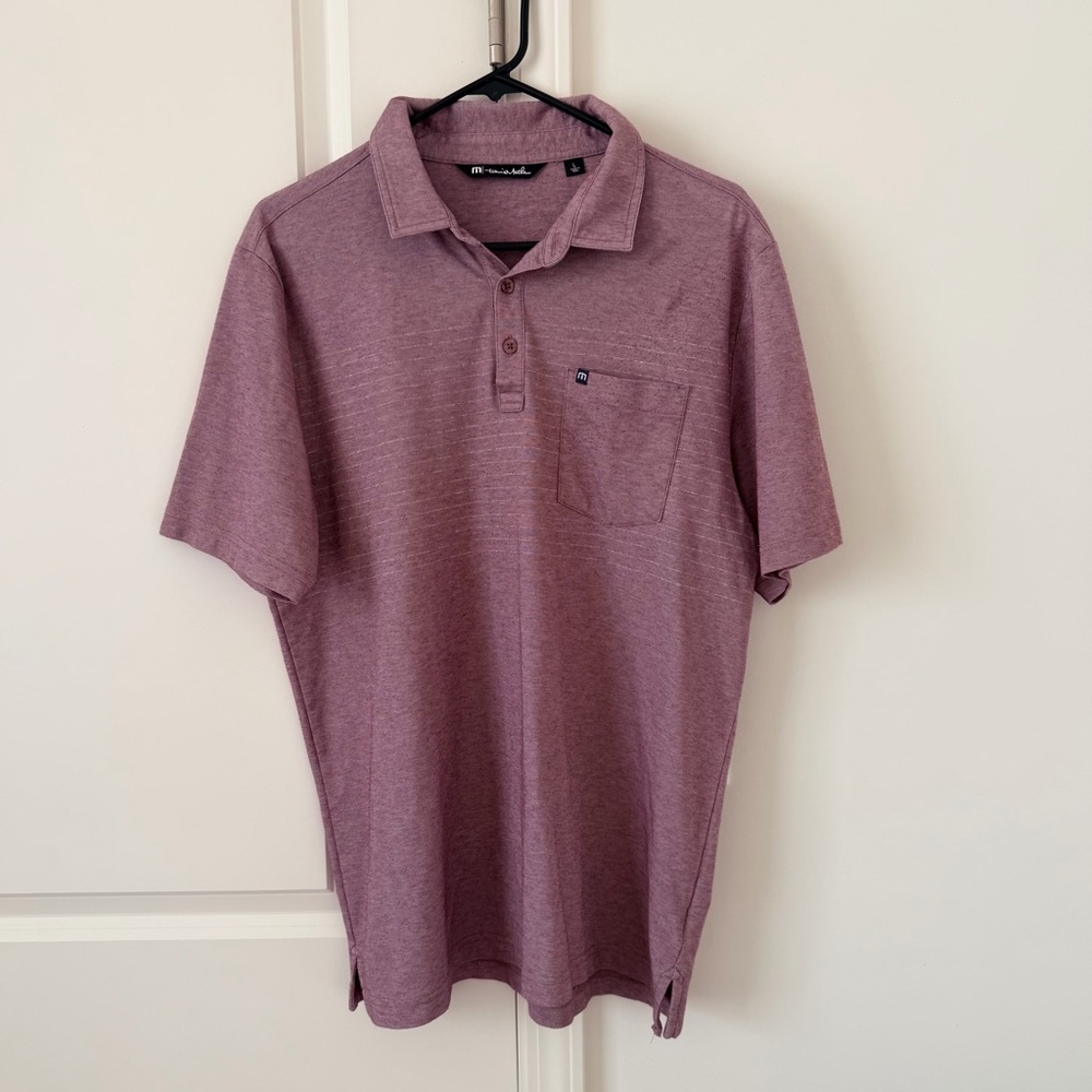 Travis Mathew Men's Mauve in White Striped Golf Polo Shirt Sz Large Pocket